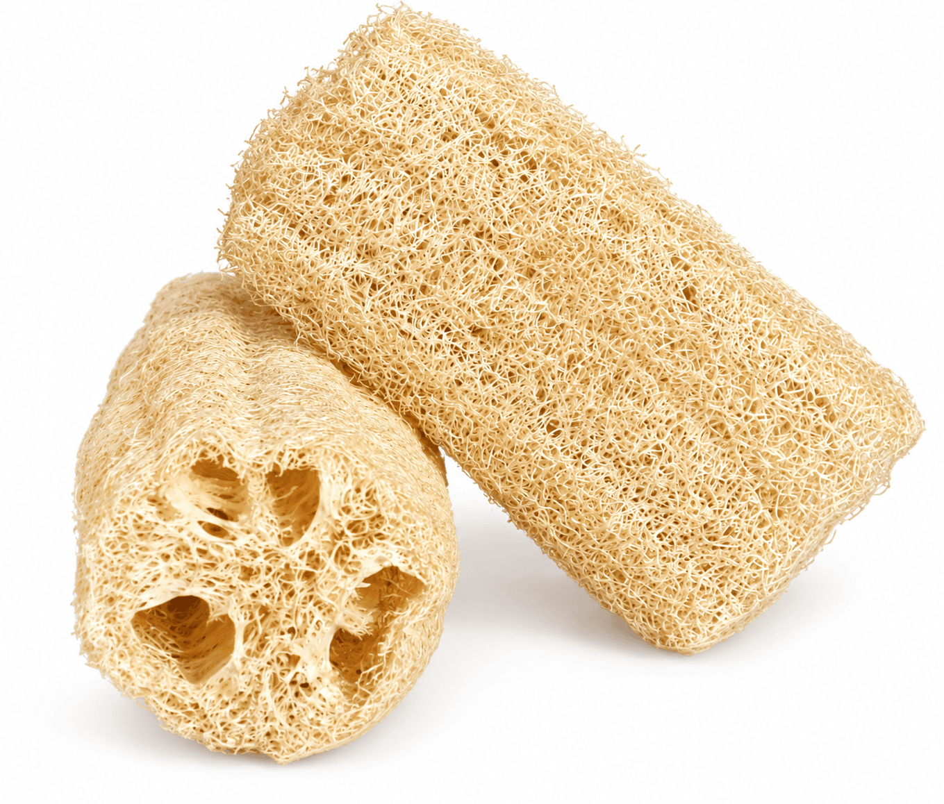 Duas buchas vegetais para banho em formato cilíndrico
